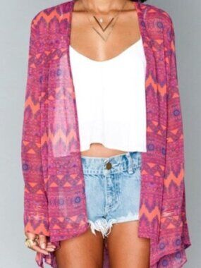 Show Me Your Mumu Sheer Pink, Orange, and Purple Patterned Cardigan Light Layer